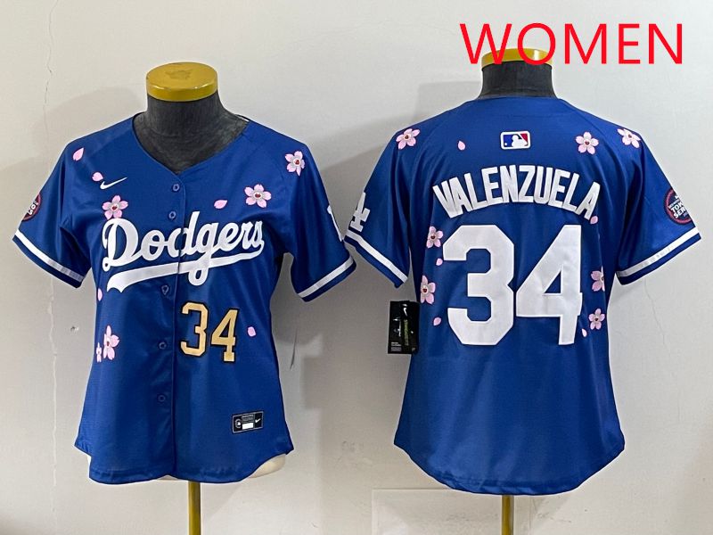 Women Los Angeles Dodgers 34 Valenzuela Blue Sakura Edition 2025 Nike MLB Jersey style 32
